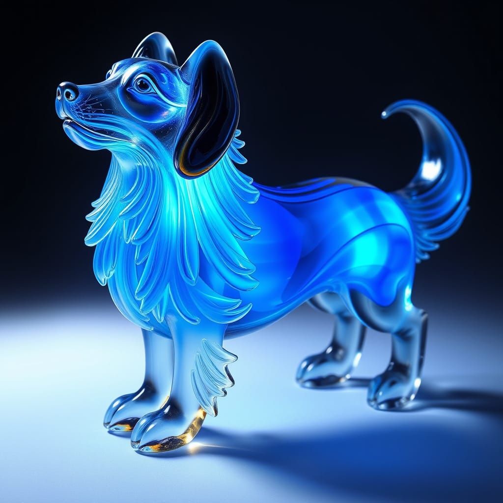 Glass Dog Sculpture Emitting Blue Glow