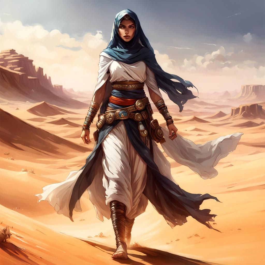 Arab Adventurer in Desert Landscape: Anime-Inspired Art
