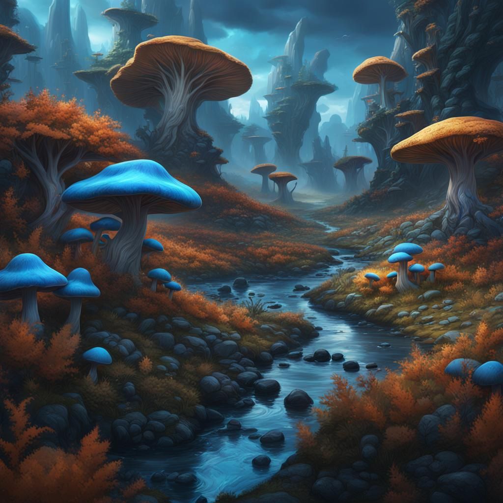 Fantastical Landscape with Blue Mushrooms, Matte Painting