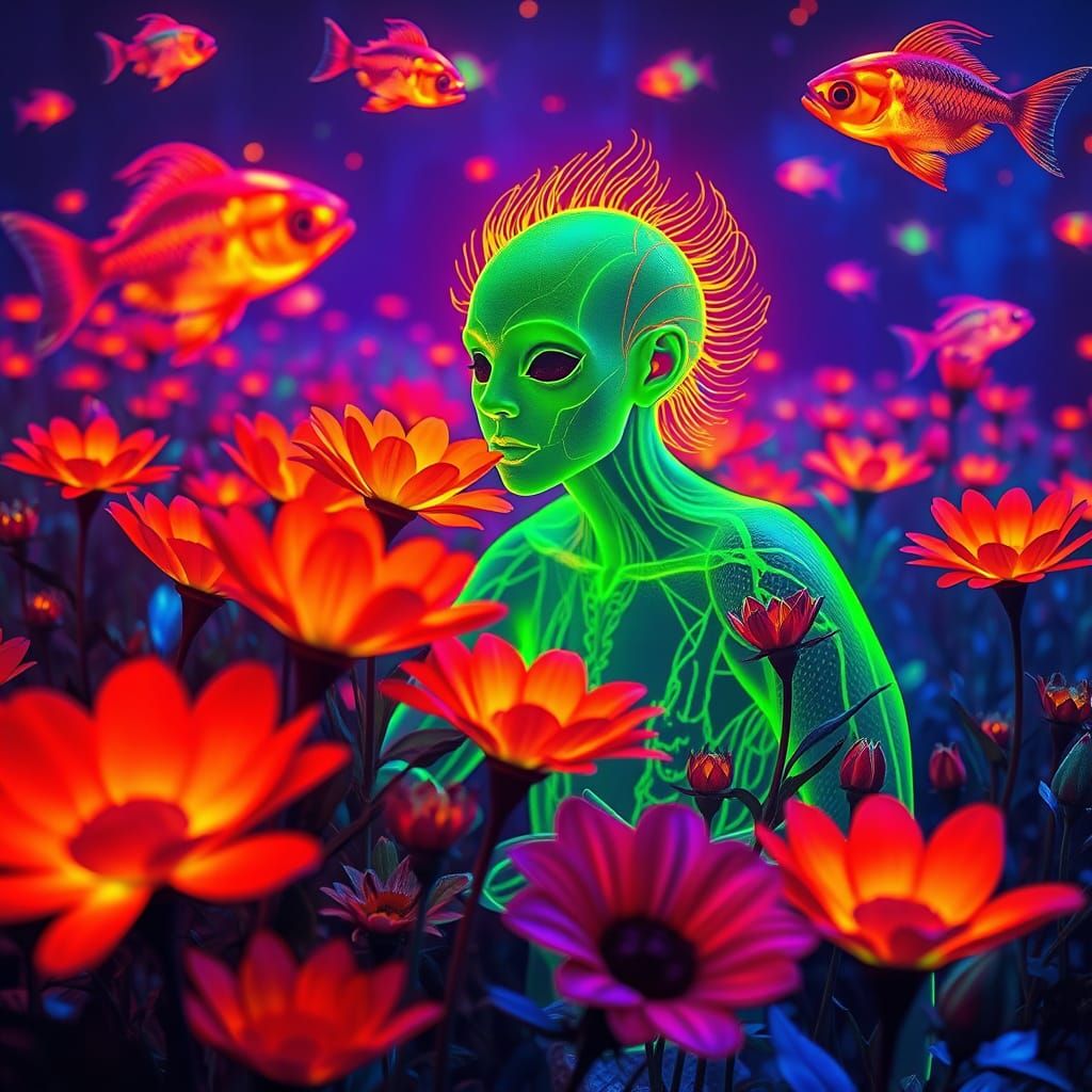 Neon Being in Surreal Glowing Flower Field