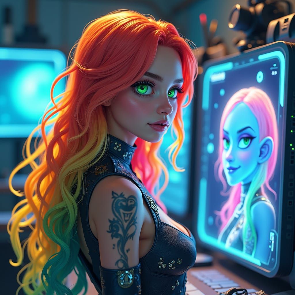 Rainbow Hair Artist in Holographic Lab