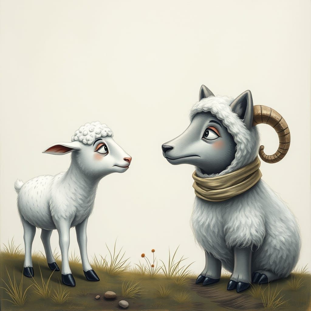 Nervous Lamb Confronts Wolf in Lamb's Clothing