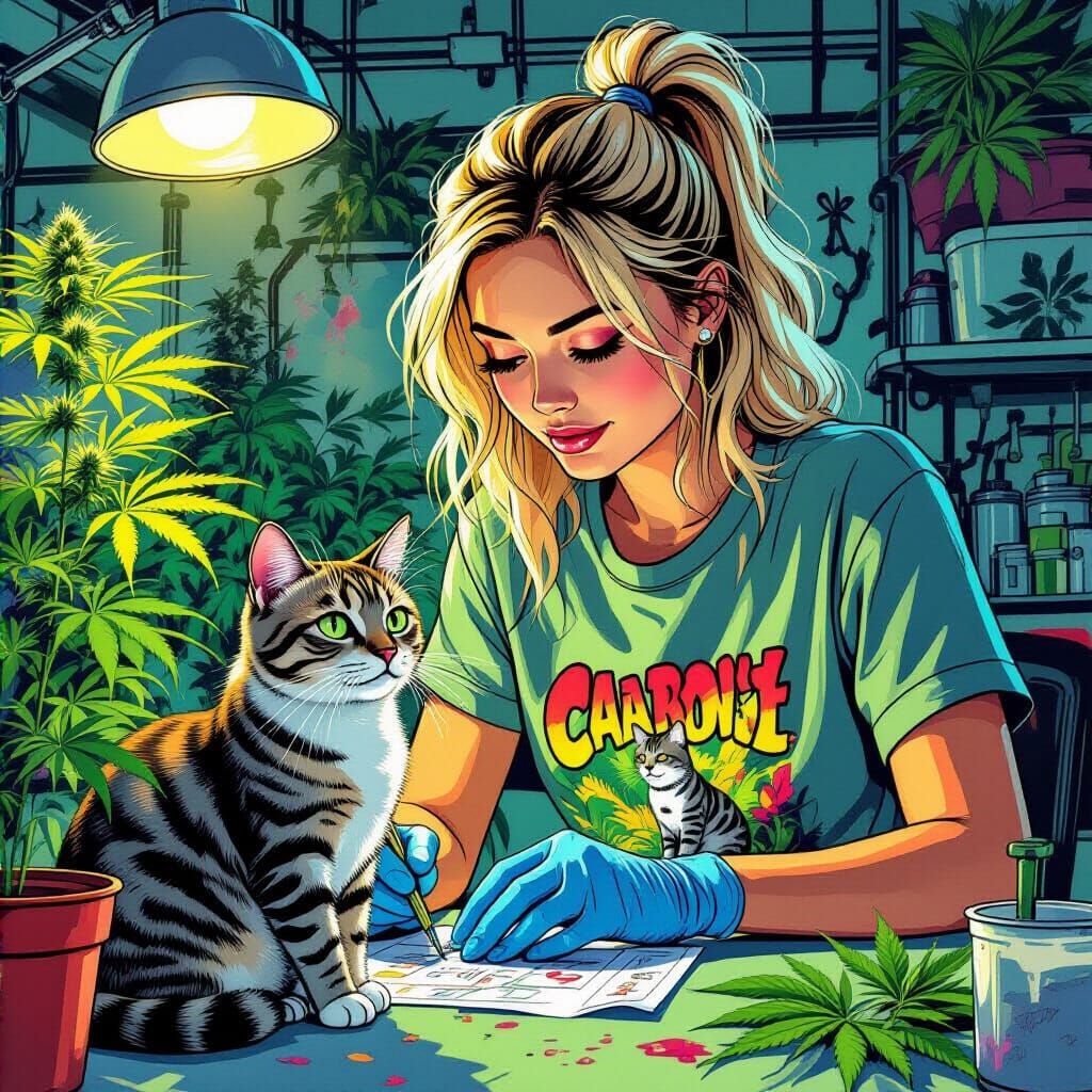 Cannabis Lab Scene in Comic Book Art Style