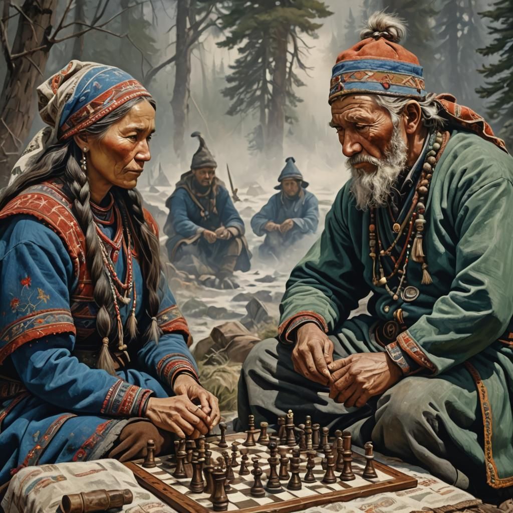 A Sami woman and man in a kota playing chess ,Chessboard and...