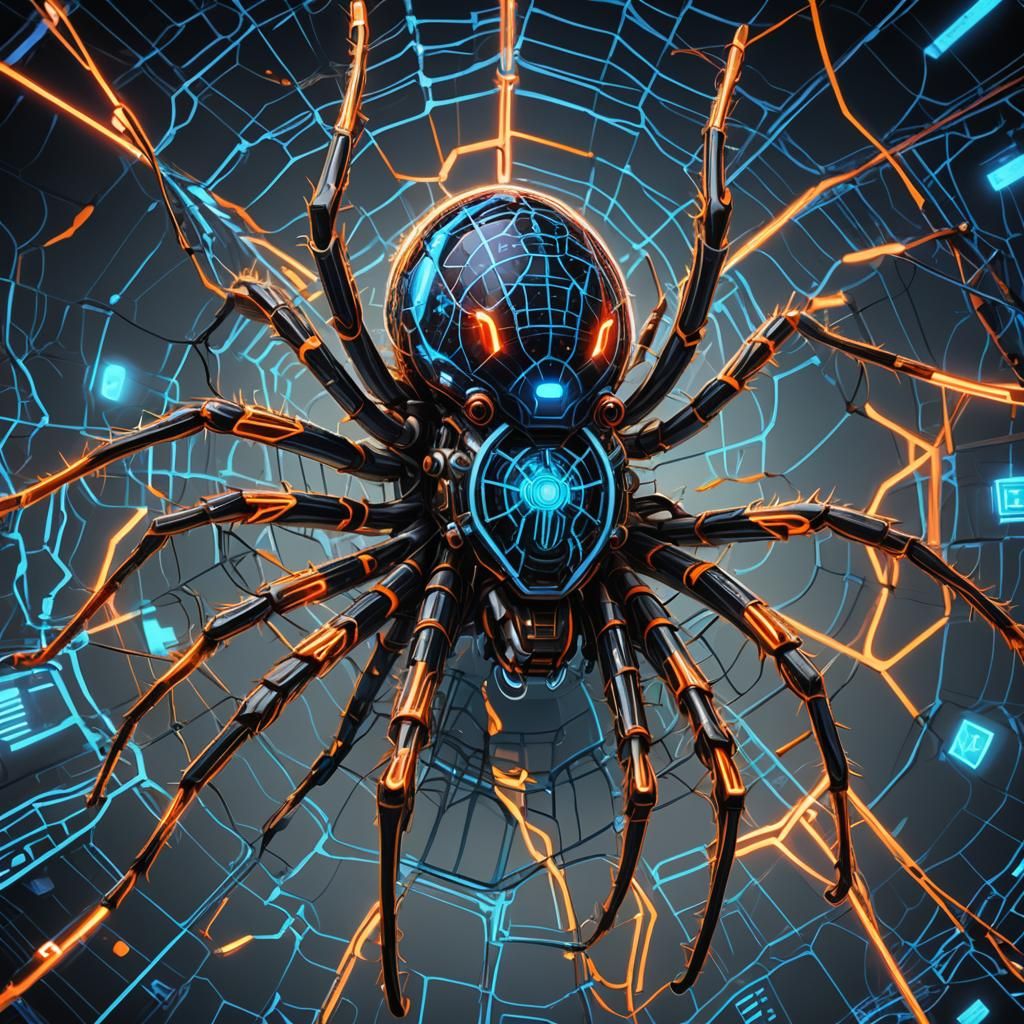 Futuristic Spider Charting a Computer in Neon