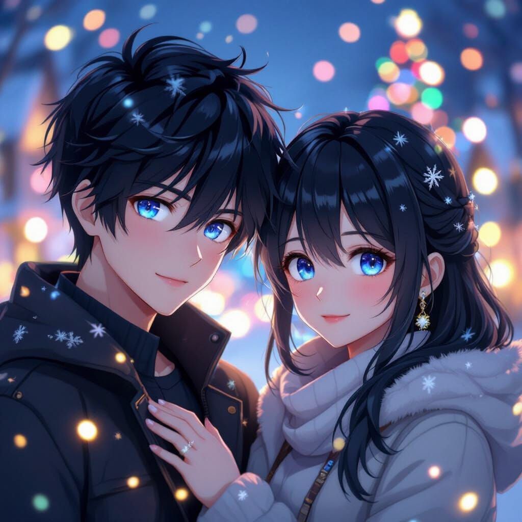 Loving Couple with Blue Eyes in Holiday Lights