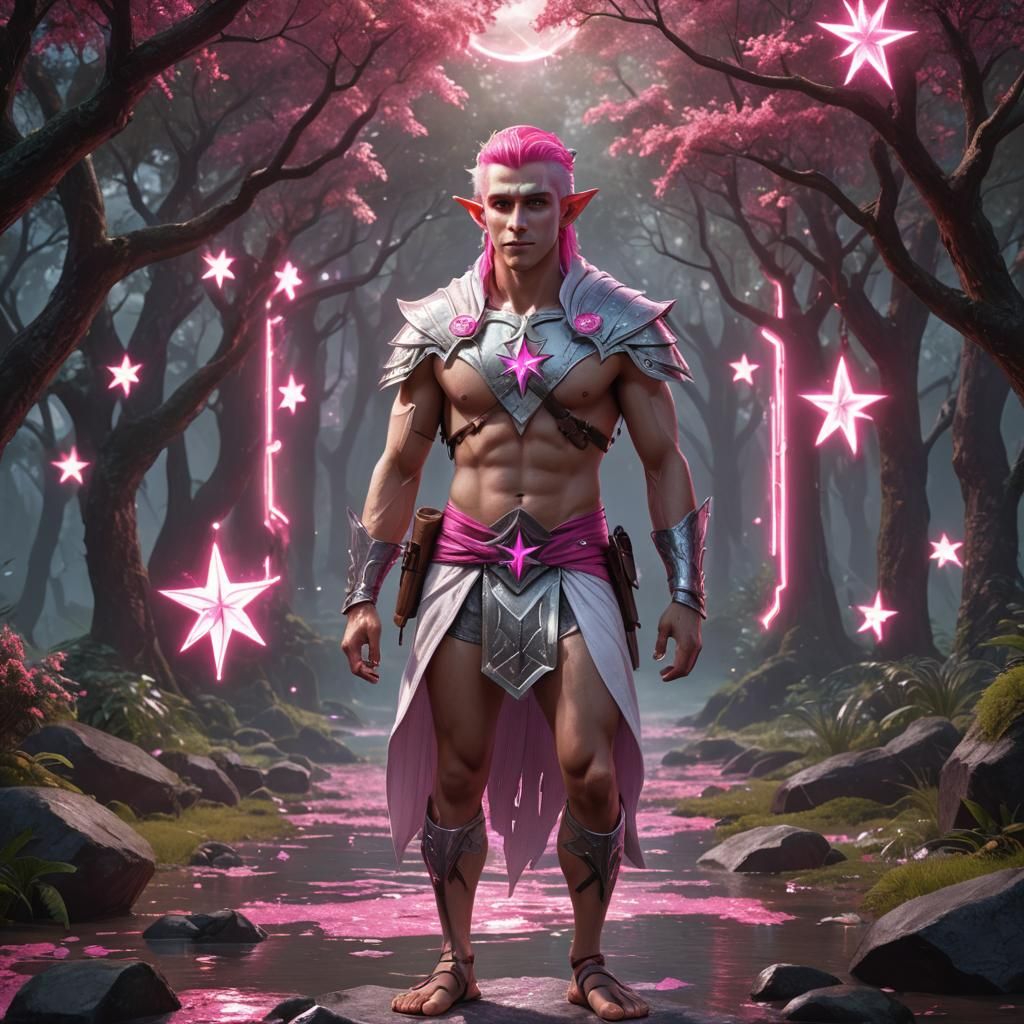 Happy Elf with Pink Hair: Fantasy Art