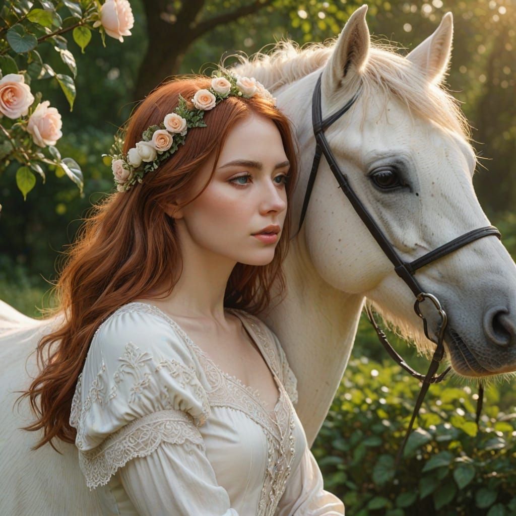 Ethereal Fantasy Art: Woman and White Horse in Golden Hour