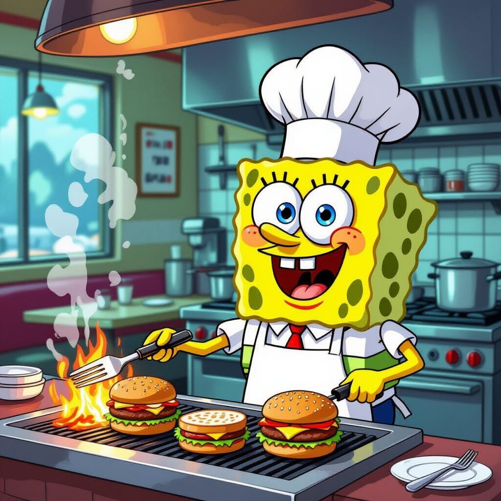 SpongeBob Grilling Burgers in Cartoon Restaurant