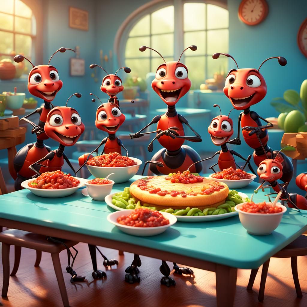 Ant Family Meal: Pixar Style 3D Digital Art