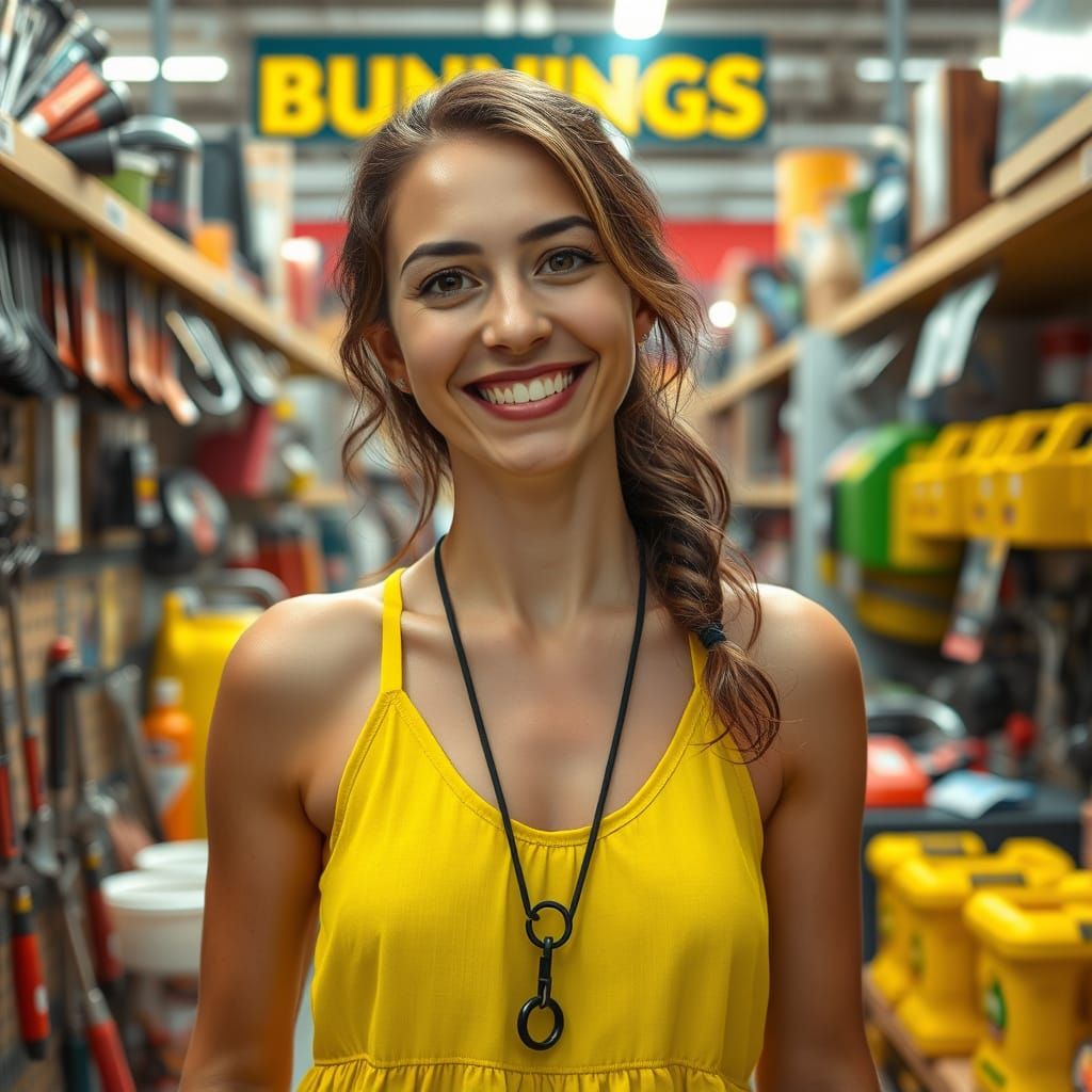 Happy Woman at Bunnings in Photorealistic Style