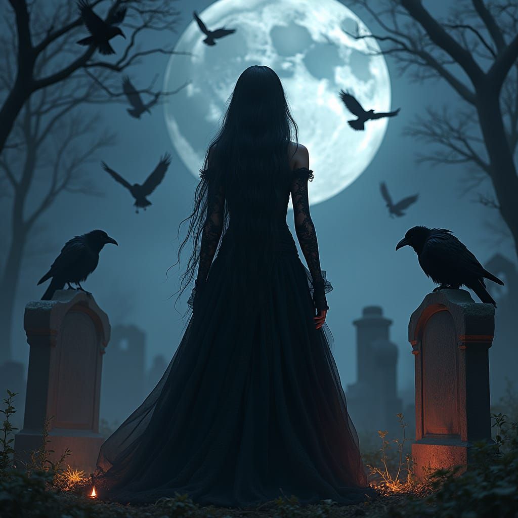 Gothic Woman in Graveyard with Ravens, Dark Fantasy Art