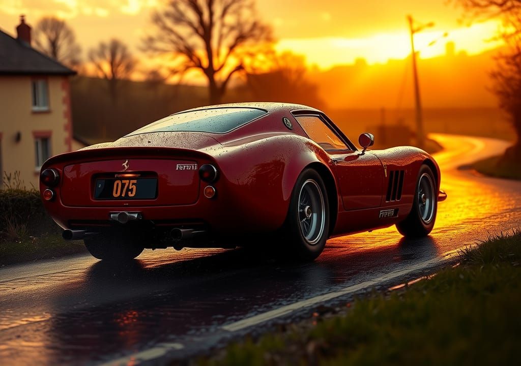 Ferrari 250 GTO in Rainy Sunset, Futuristic Art