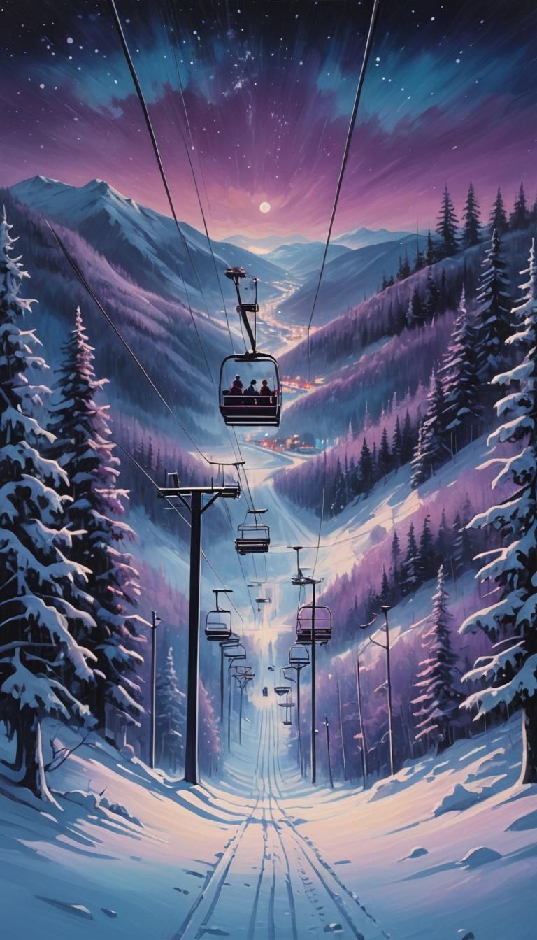 Night Ski Lift in Dreamy Oil Painting Style