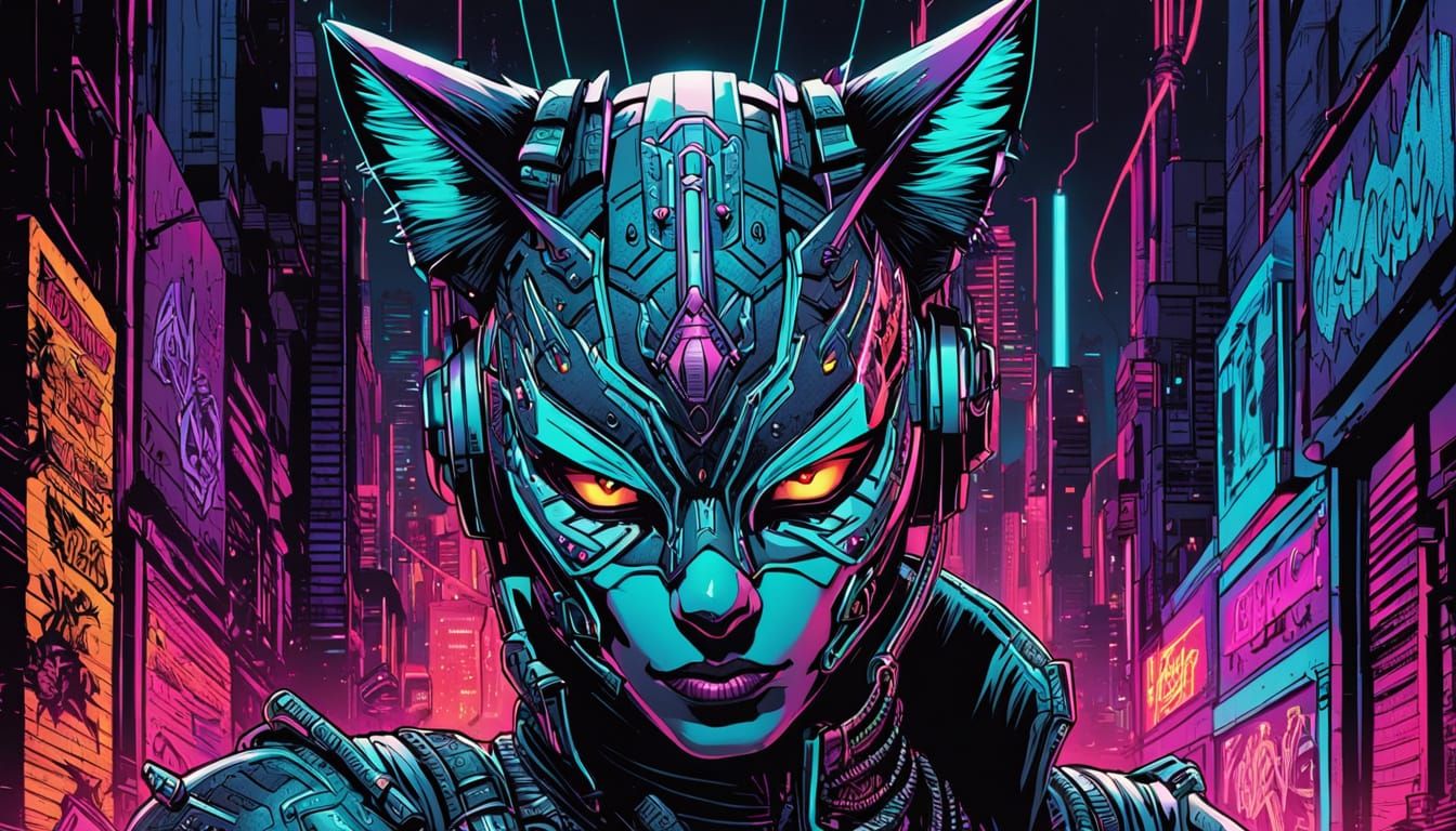 Cyberpunk Cat Queen Comic Art in Neon City