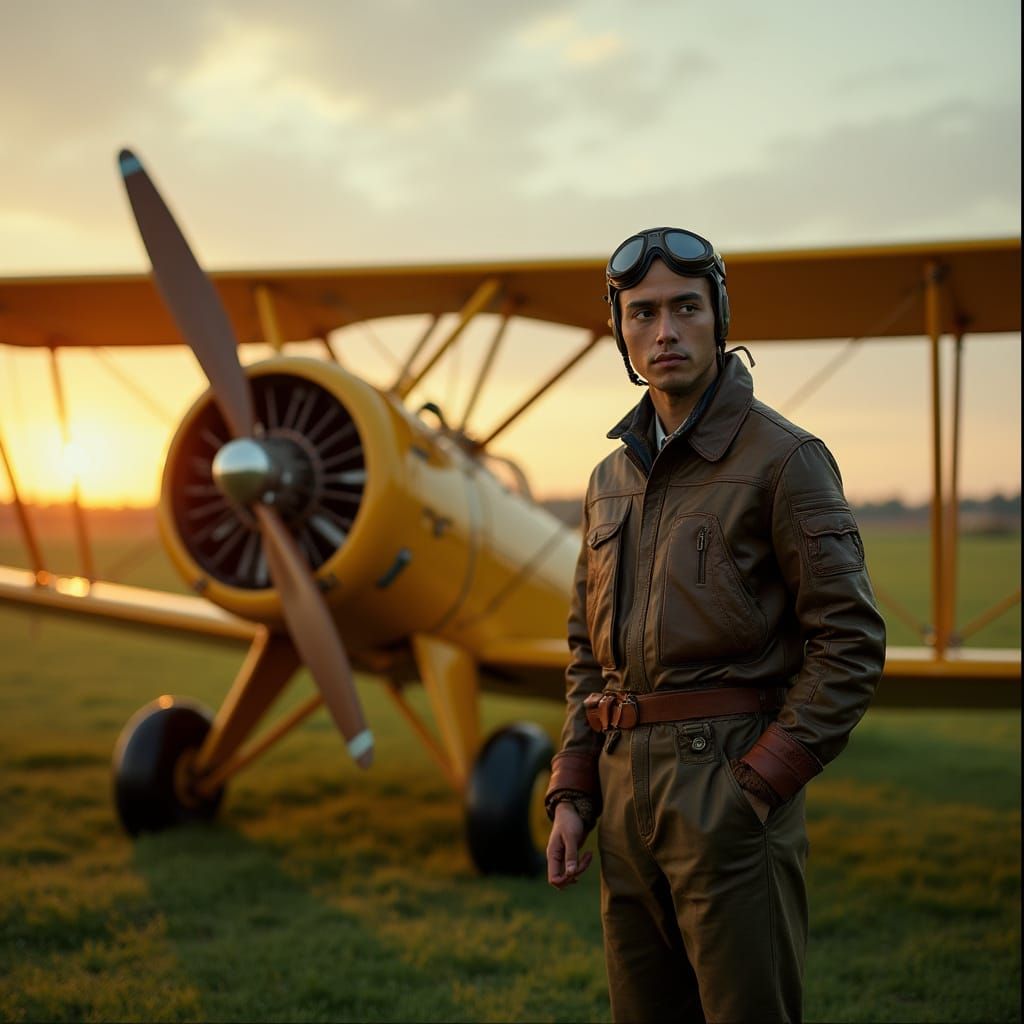 Pilot and Vintage Biplane on Airfield at Dusk