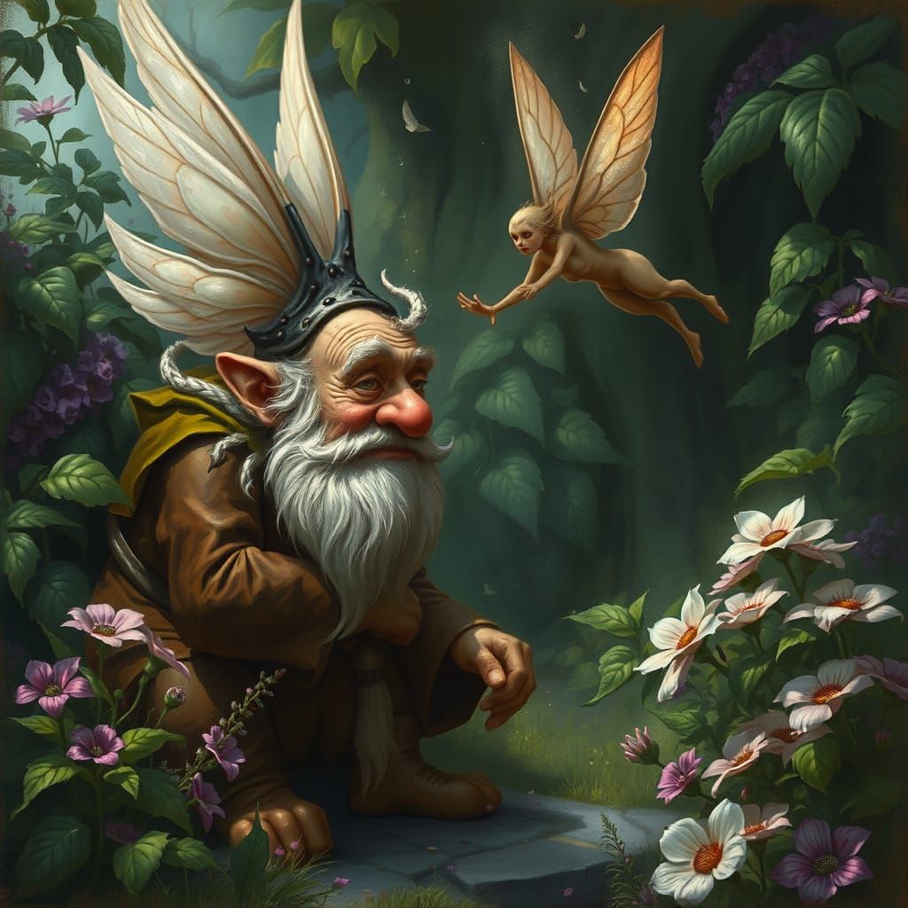 Dwarf and Fairy Conversation in an Old English Garden
