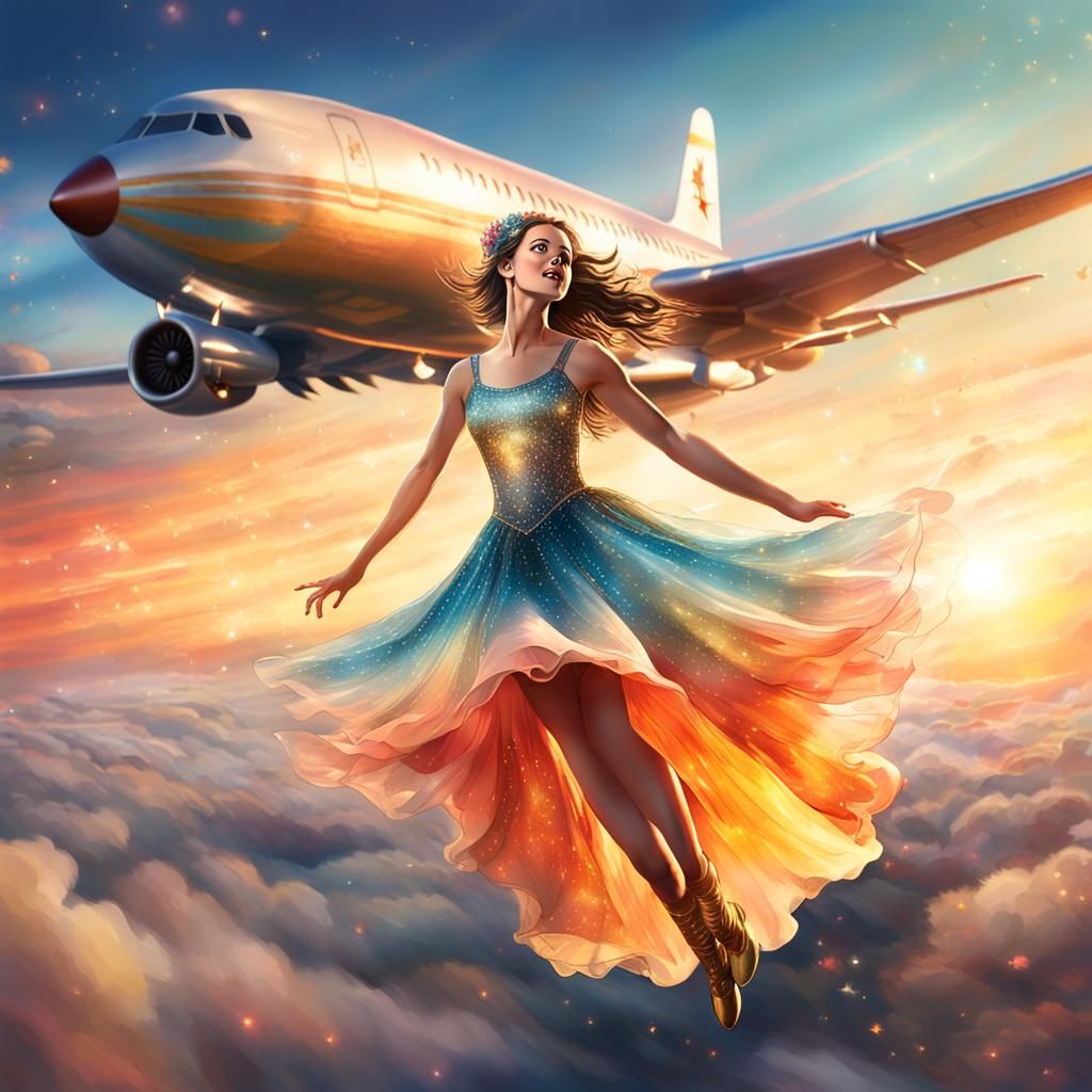 Fairy Woman Jumps on Airplane: Dreamy Digital Art