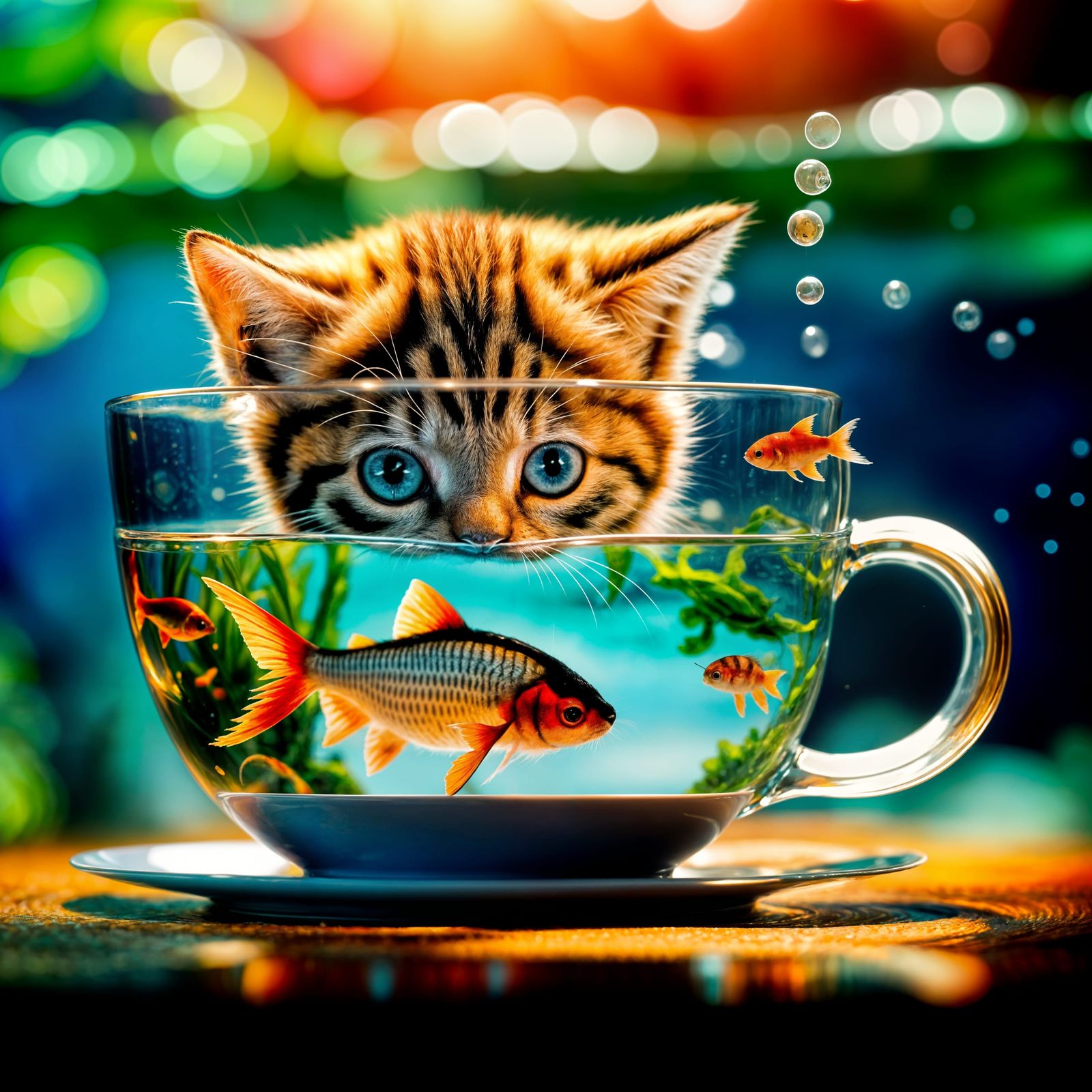 Kitten Gazes into Teacup Underwater World