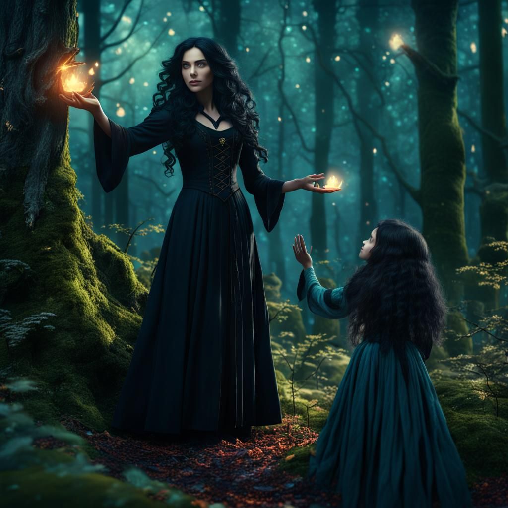 Sorceress Teaching Magic in Forest, Fantasy Art