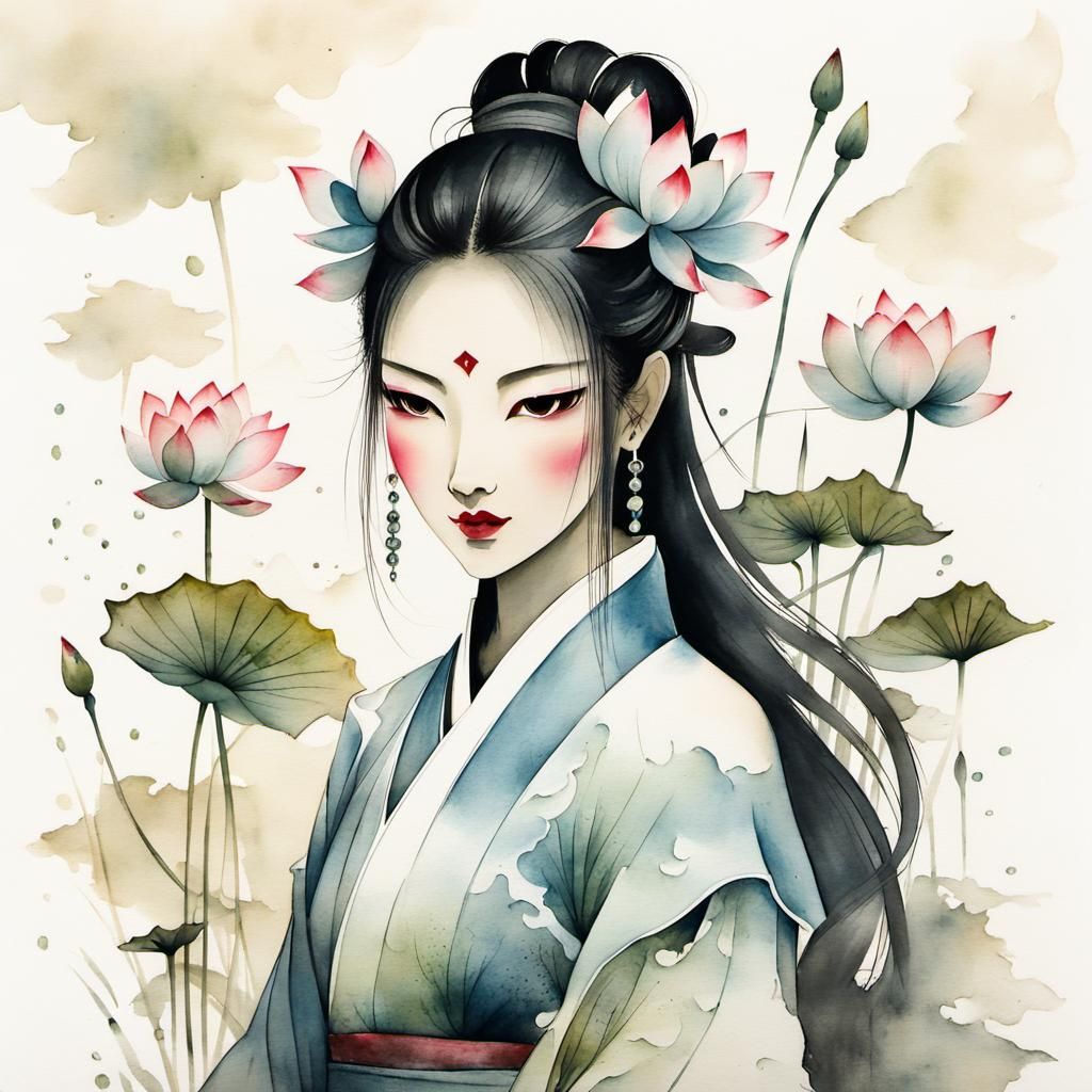 Water Demon Girl with Lotus in Chinese Ink Painting
