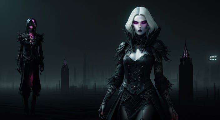 Cyberpunk Goth Fashion Model in Muted, Eerie Cityscape