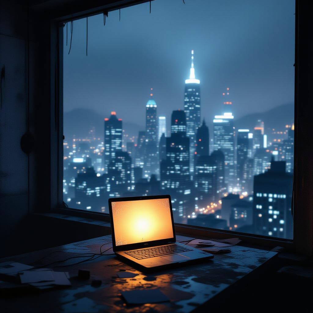 Abandoned Penthouse Overlooking Futuristic Metropolis at Nig...