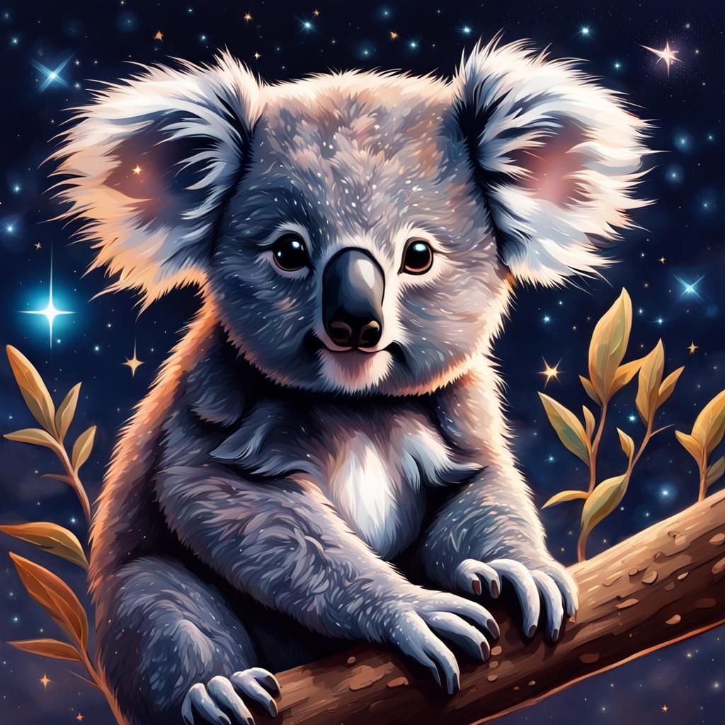 Fluffy Baby Koala Portrait Under Starry Night