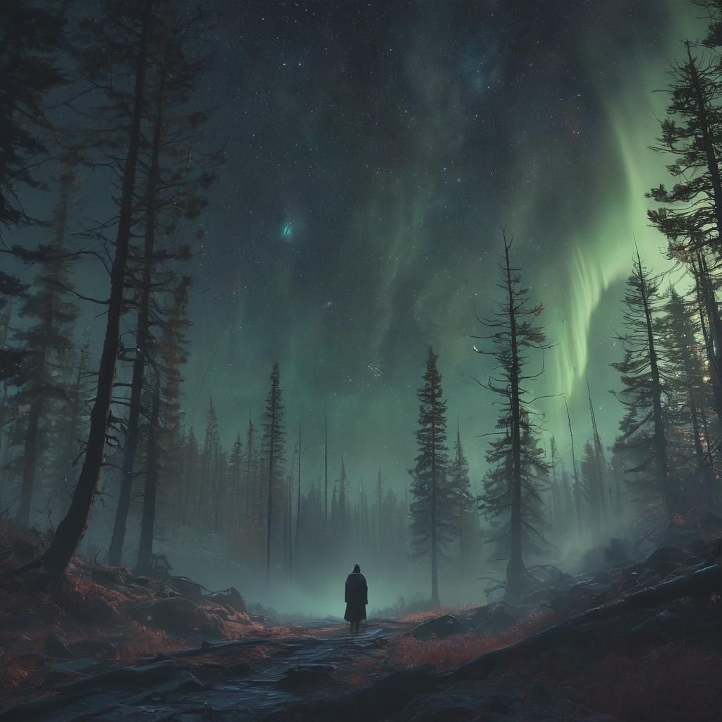 Ethereal Fantasy Figure Amidst Celestial Forest