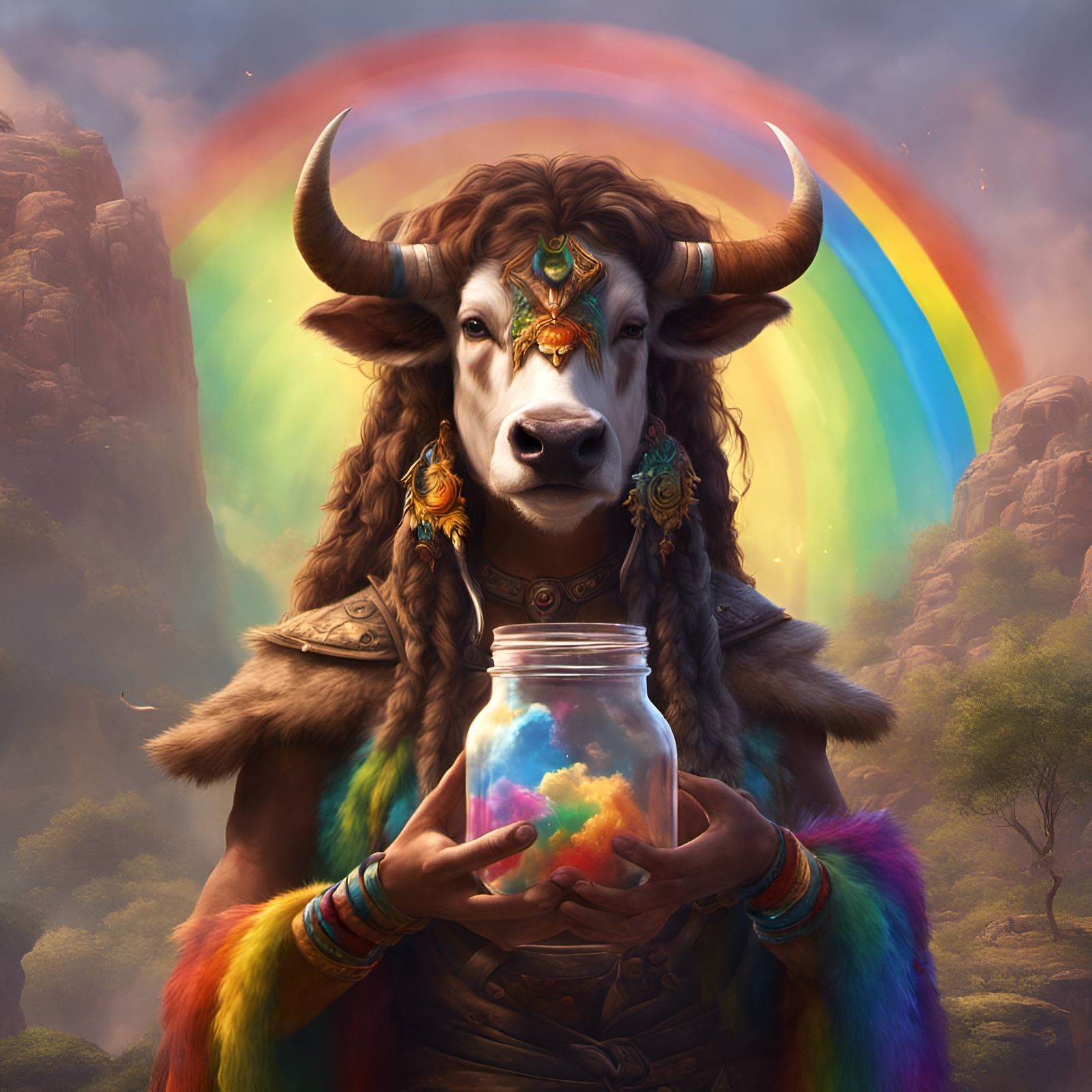 Tauren-Human Hybrid Warrior with Rainbow Jar