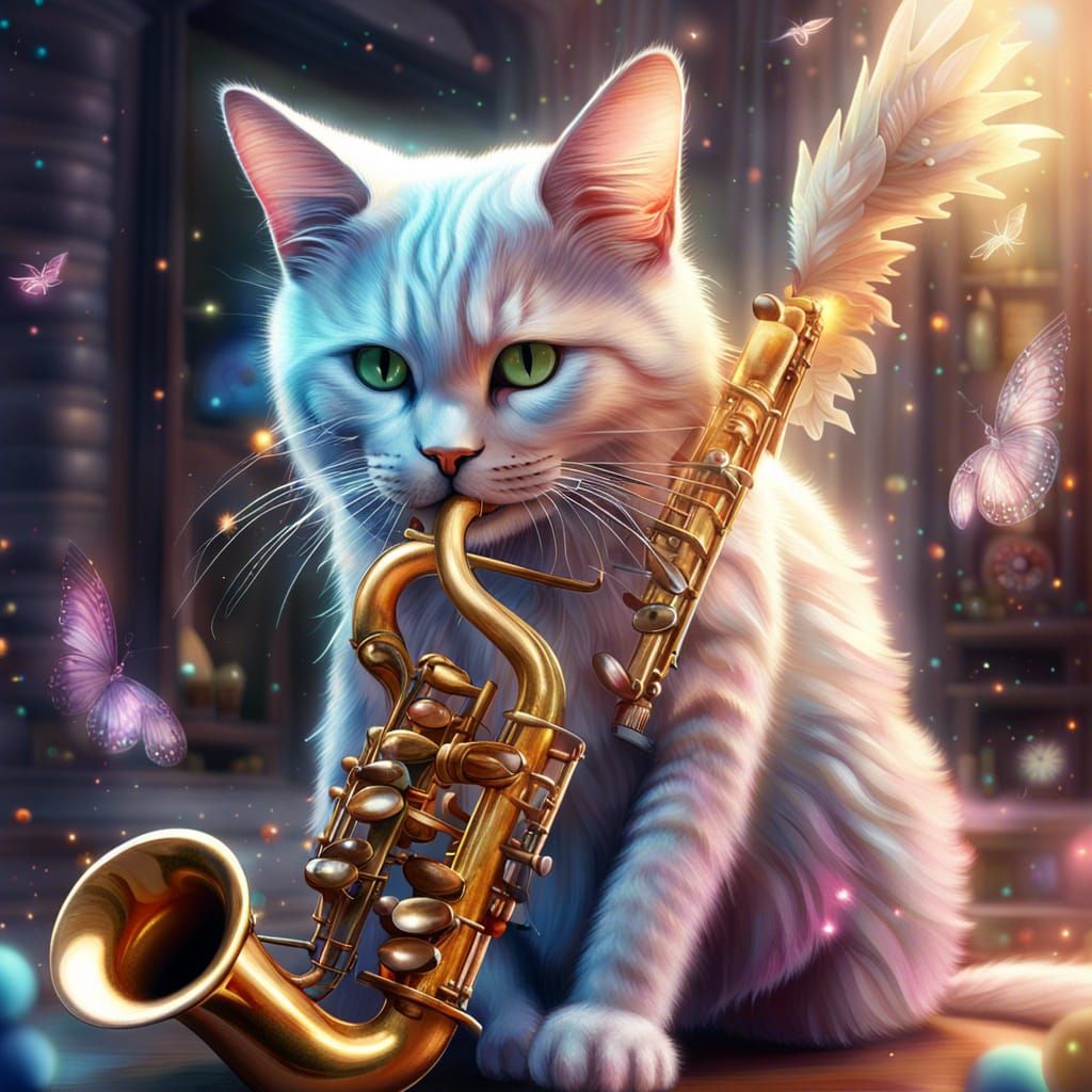 Cat playing a saxophone
