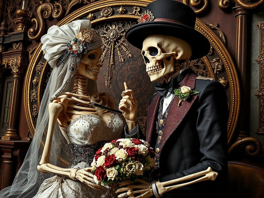 Baroque Steampunk Skeleton Wedding in Hyperdetailed Style