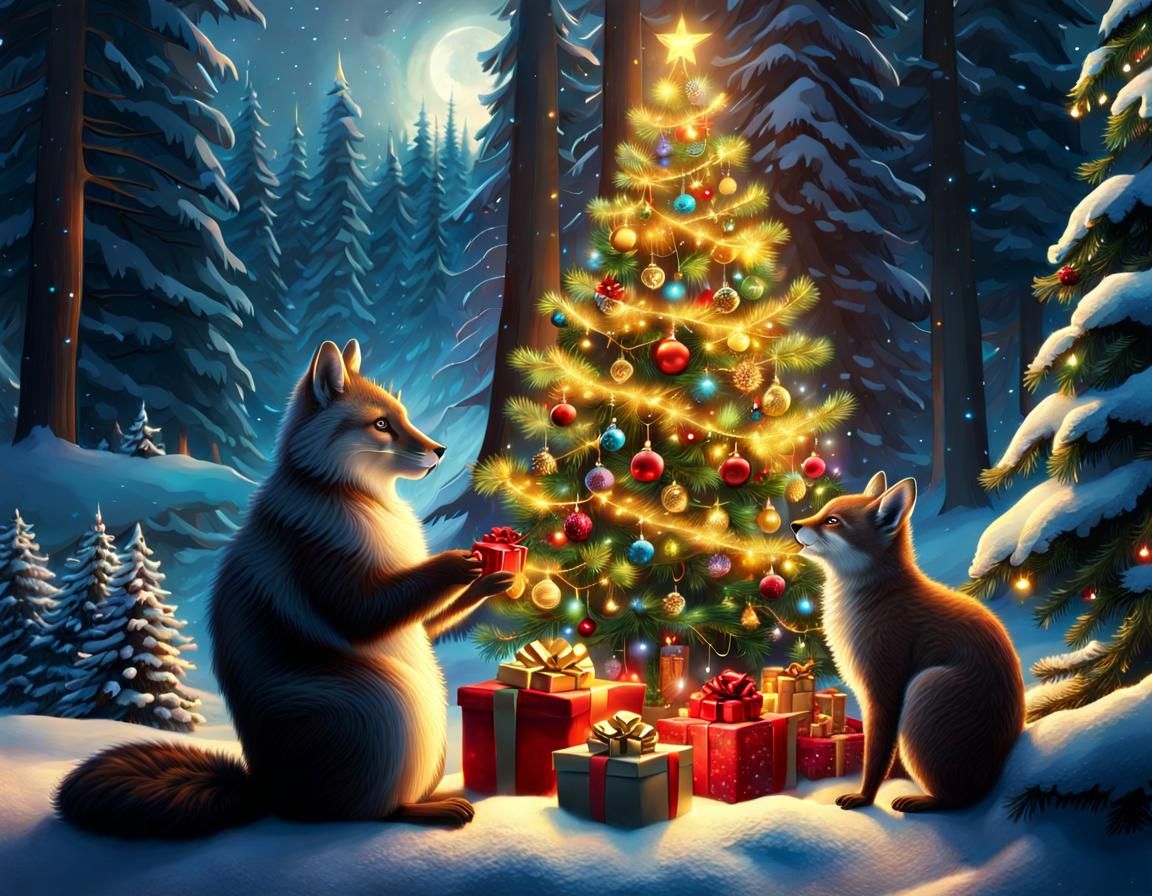 forest animals exchanging gifts, stunning Christmas tree behind