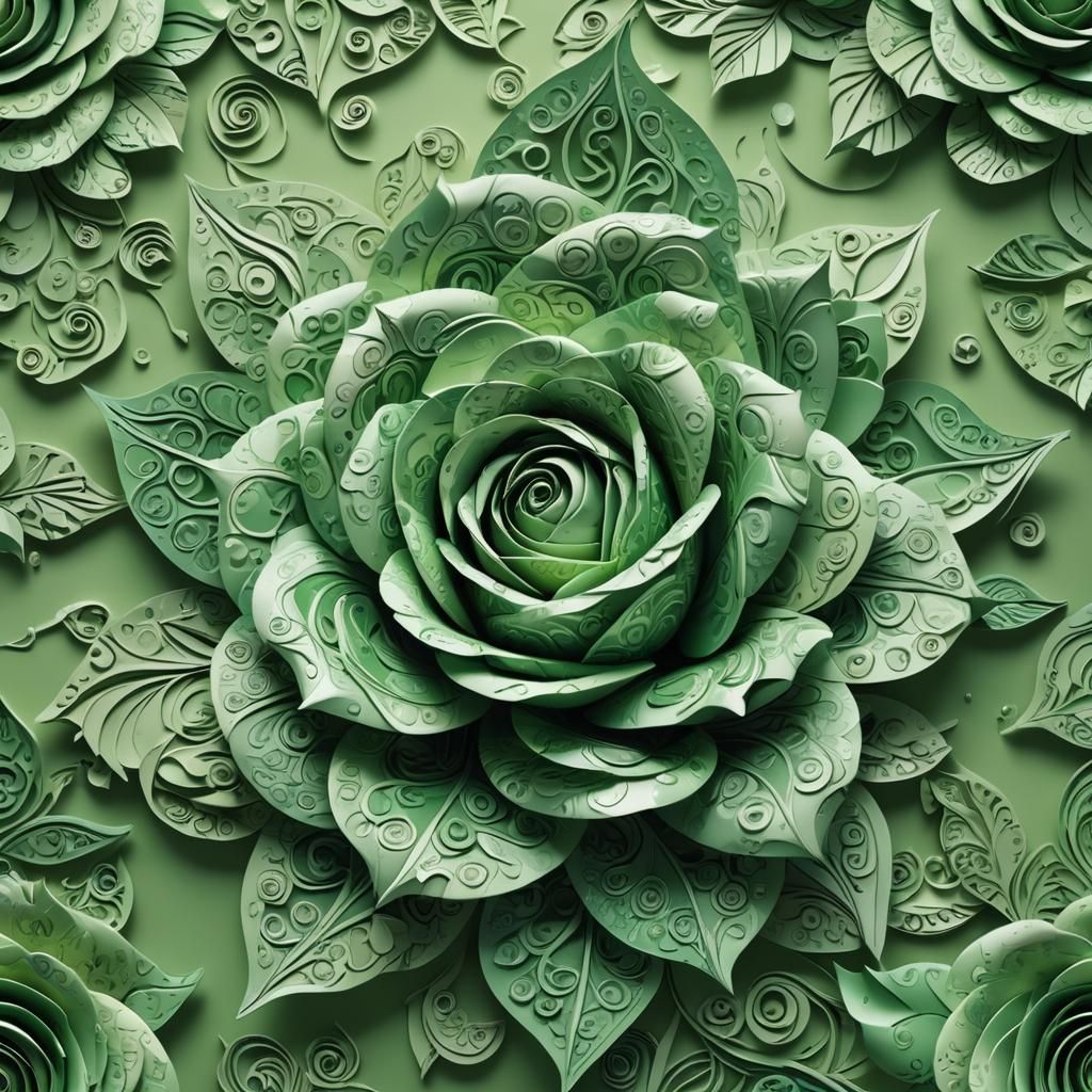 Hyperrealistic Green Paisley Rose in Origami Style