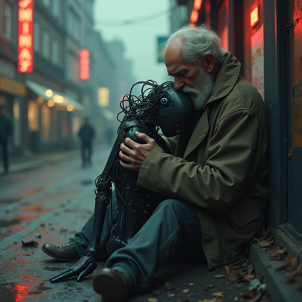Cybernetic Girl Comforts a Homeless Old Man in a Desolate Ci...