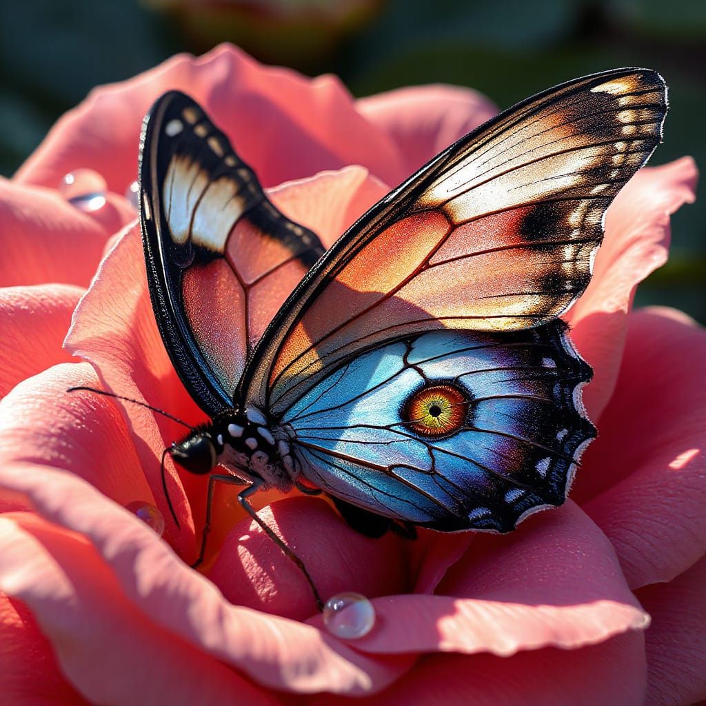 Dragon Eye Butterfly on Rose Leaf in 3D