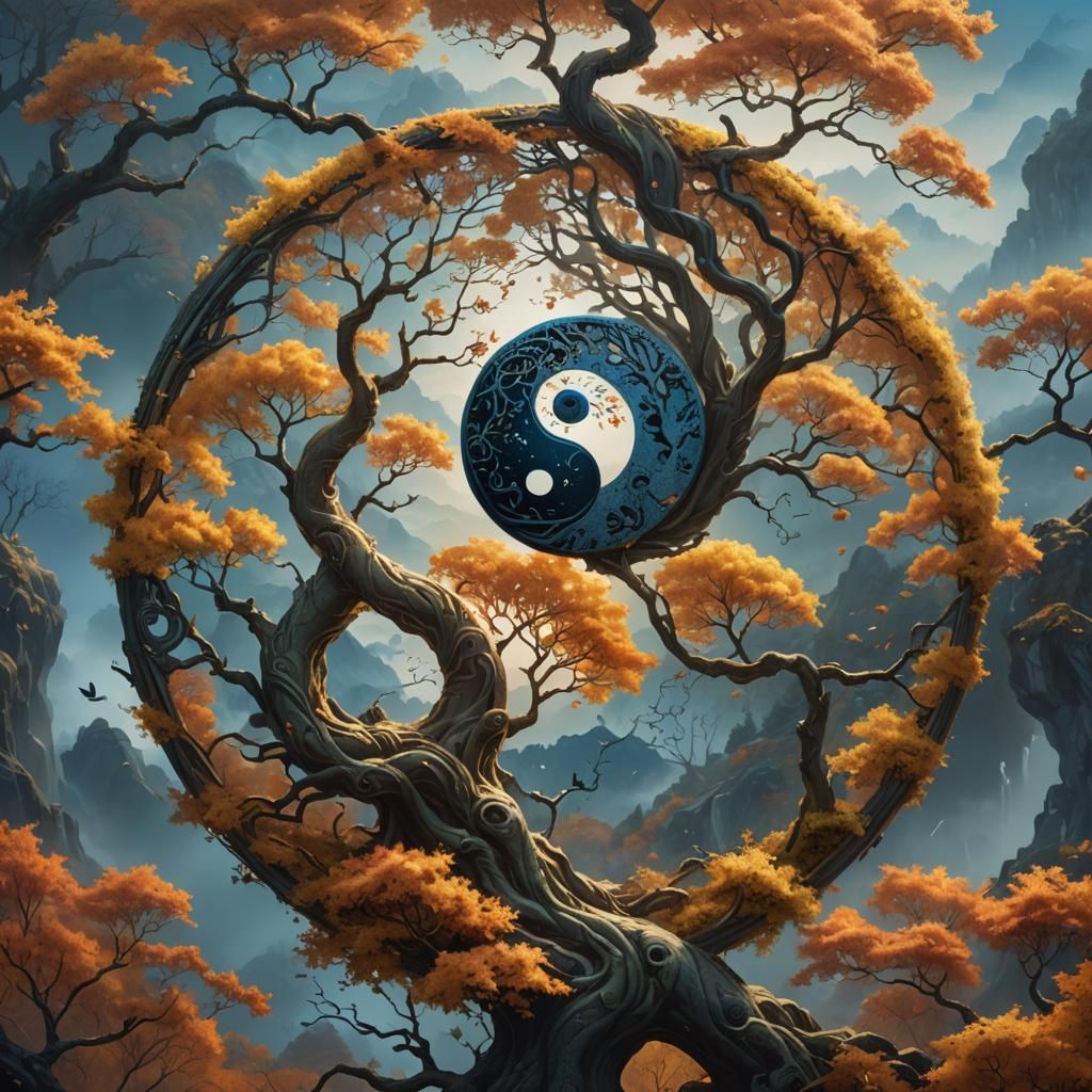 Yin Yang Trees in Misty Fantasy Landscape