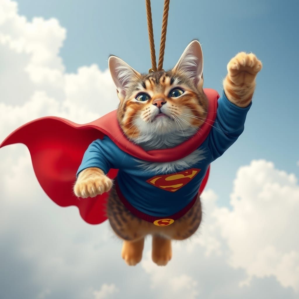 Superhero Cat Tangled in Cape Soaring