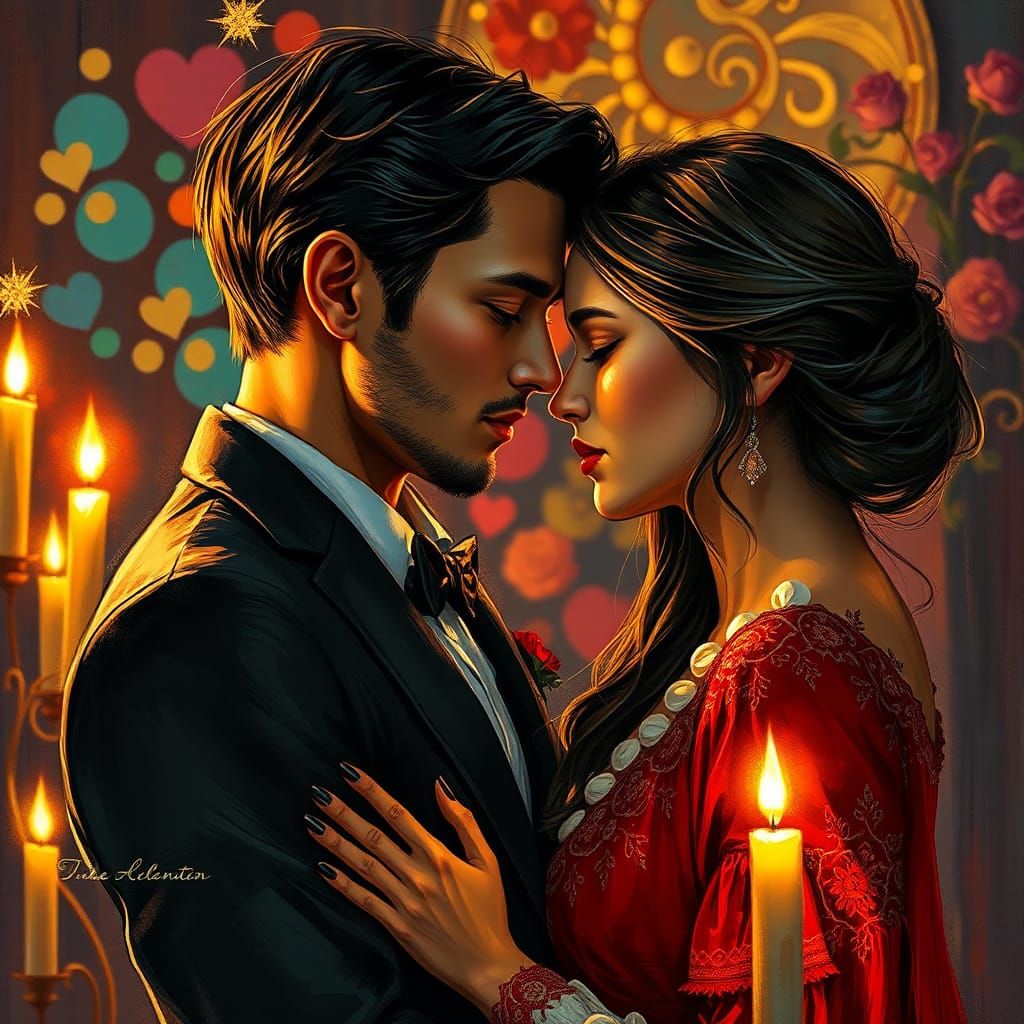 Romantic Couple Portrait in Vibrant, Detailed Style