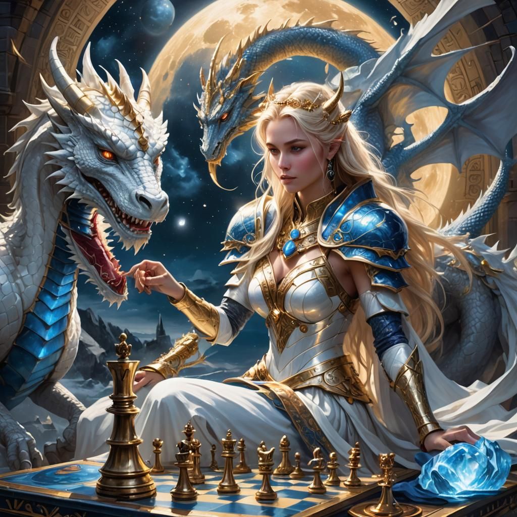 Goddess with Moon Dragon in Fantasy Art Style