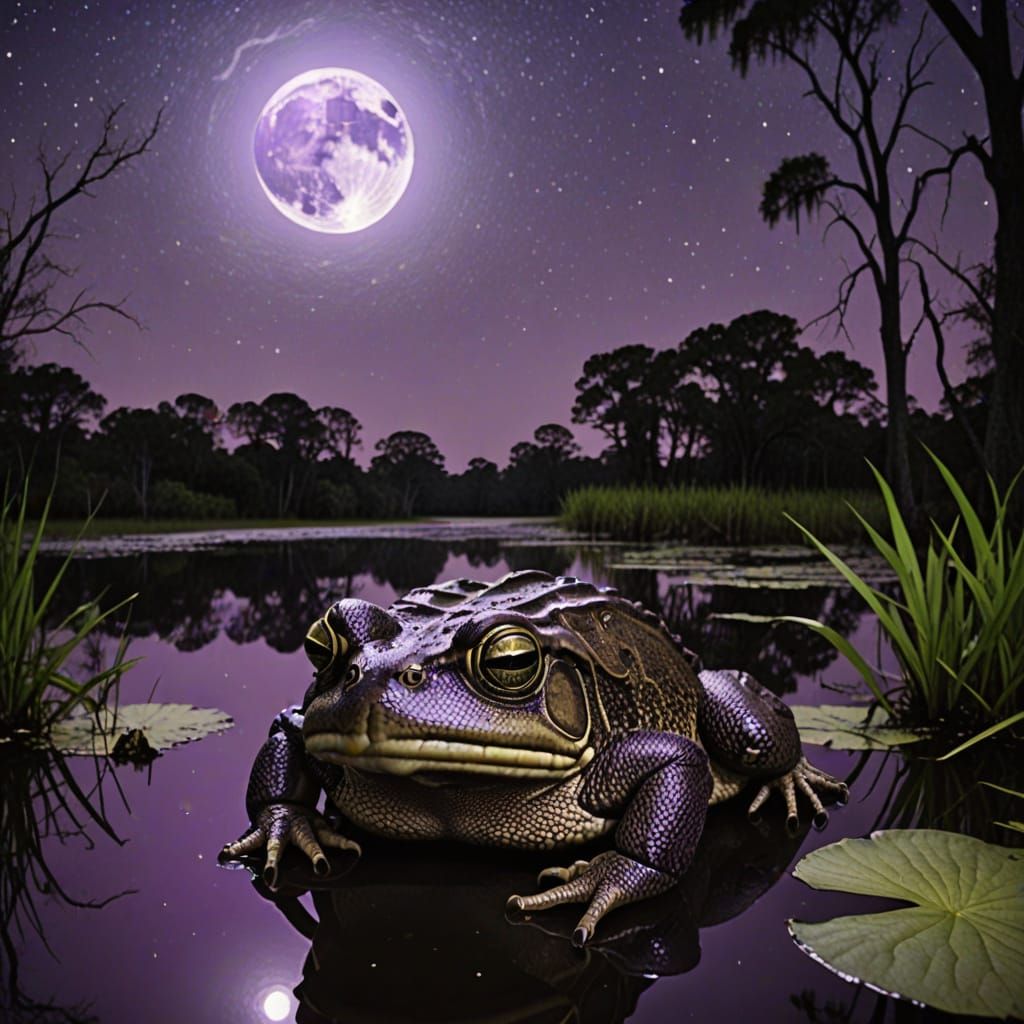 Giant Toad Under Purple Moon in Louisiana Swamp