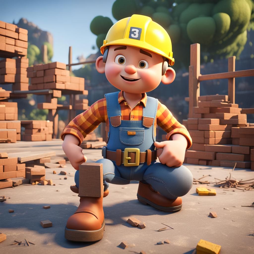 Muscular Bob the Builder in 3D Cinematic Style