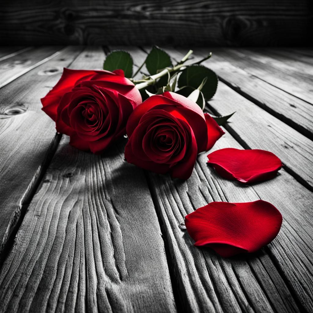 Striking Red Roses on Wood, Black and White Contrast