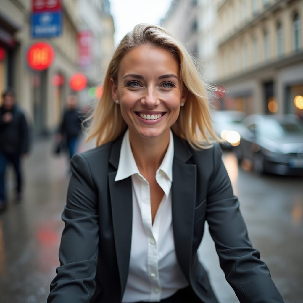 Happy Blonde Woman Rides E-Bike in Brussels Rain