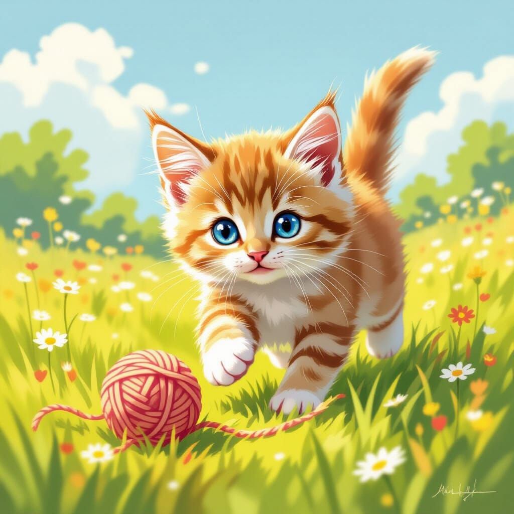 Playful Kitten Chasing Yarn in Sunlit Meadow