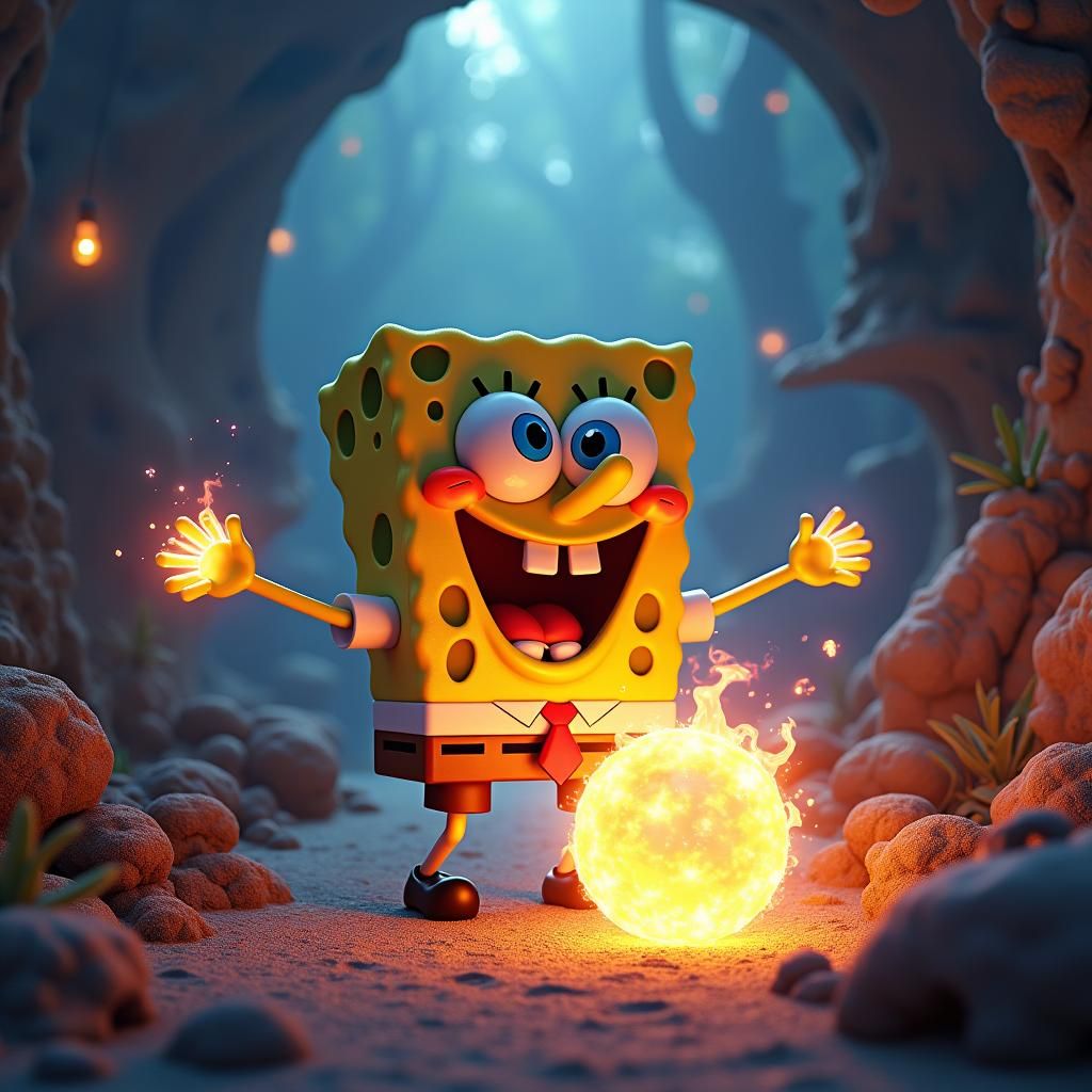 SpongeBob Wielding Fiery Orb in Fantasy Realm