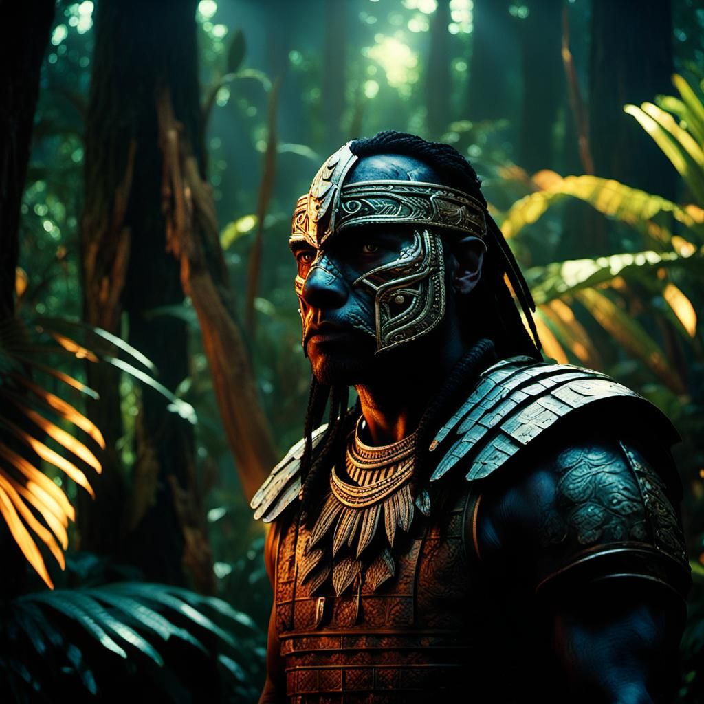 Aztec Warrior in Jungle, Cinematic Film Still