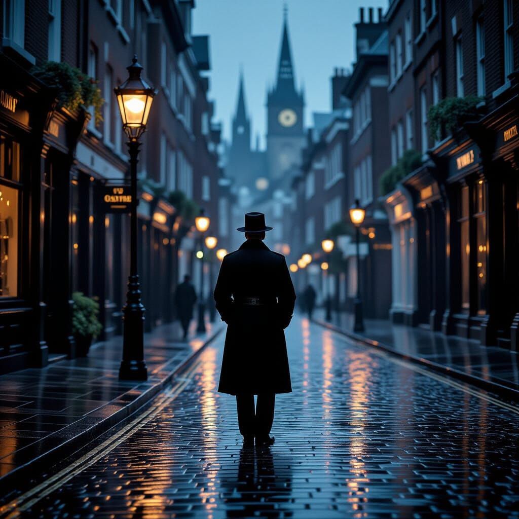 Impressionist London Bobby on Gaslit Cobblestone Street
