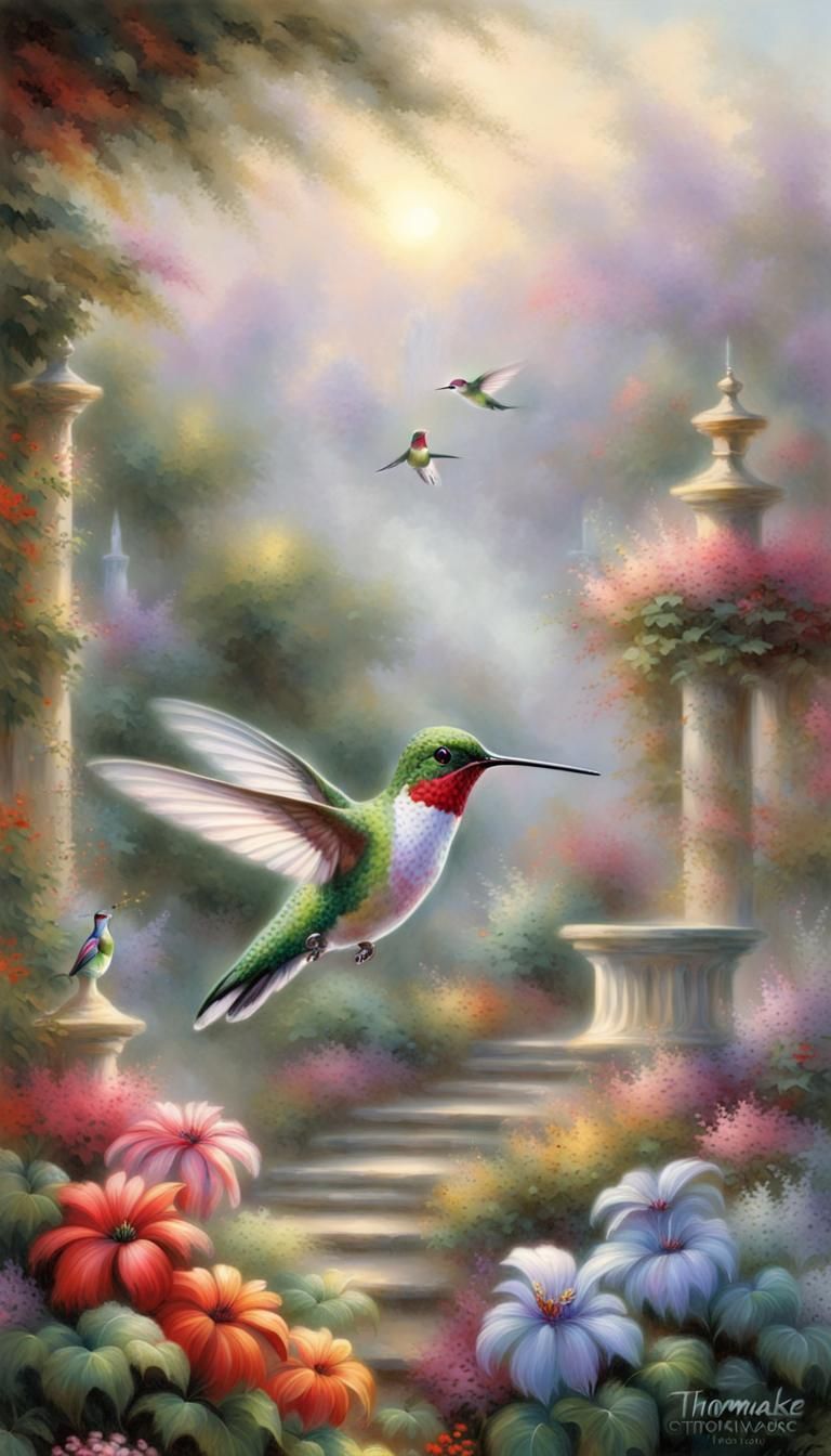 Hummingbird in Ethereal Garden: A Luminous Fantasy