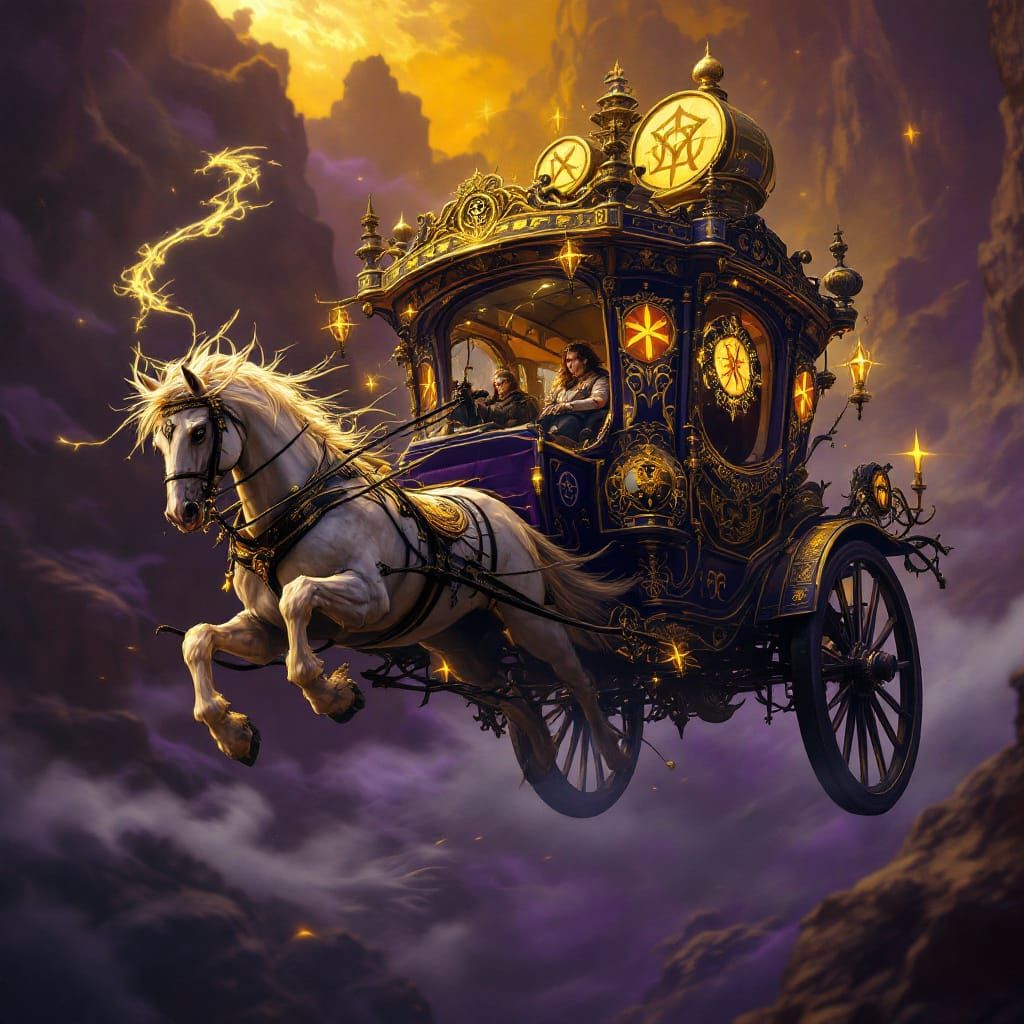 Mystical Flying Carriage Soars Through Dark Realm